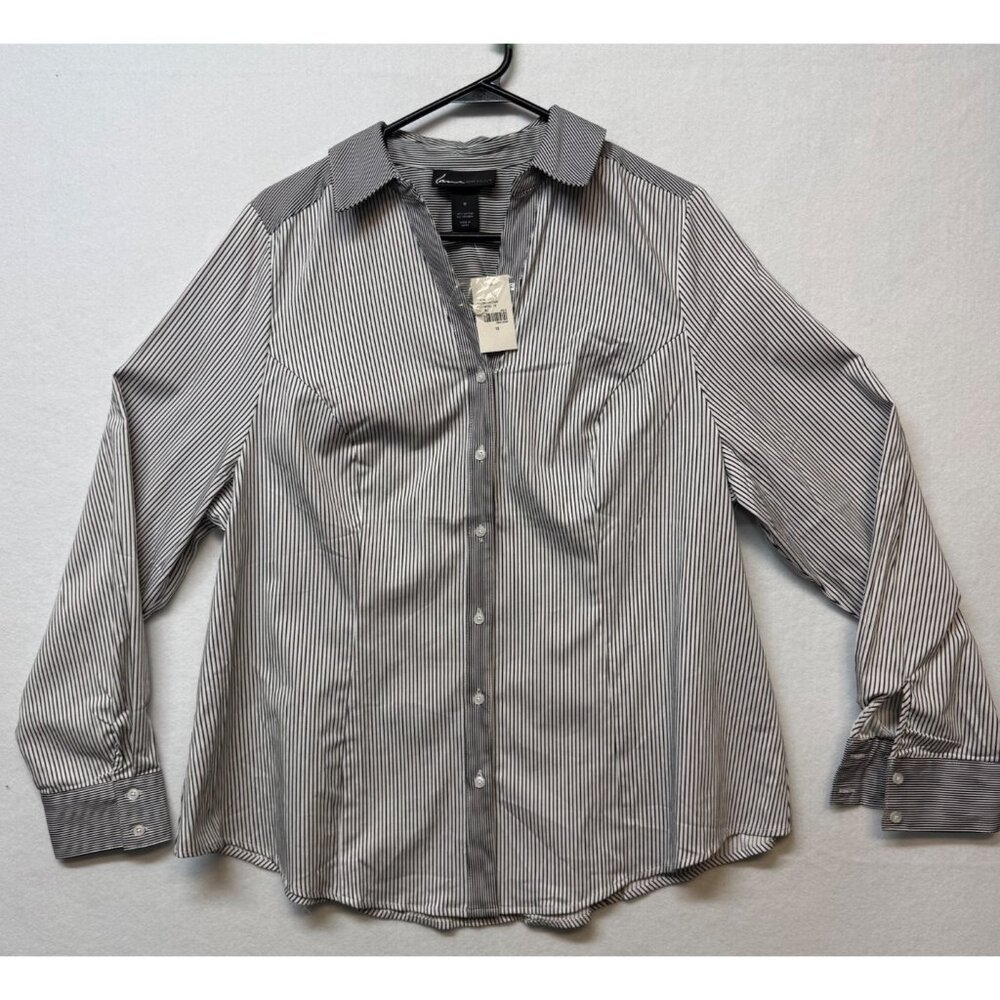 Lane Bryant Black & White Striped Button-Down Shirt Size 18 Classic Long Sleeve